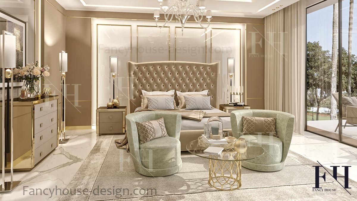 Bedroom interior design with a sitting living area