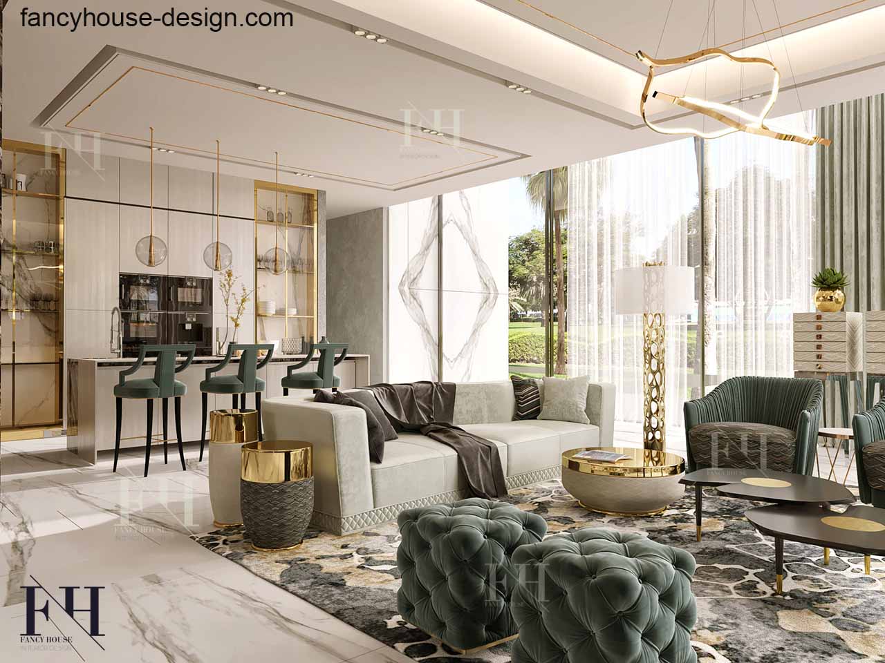 Luxury bespoke living room in Dubai with sitting kitchen island and dining bar