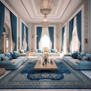 A captivating sight to behold, an Arabic majlis interior design in pristine white with accentuating blue pillows and decor seamlessly combines traditional charm with modern elegance.