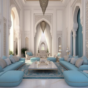 A delightful visual symphony, an Arabic majlis interior design in white hues harmoniously blends with exquisite blue pillows and decor, capturing the essence of modern Arabian luxury.