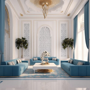 A mesmerizing display of design artistry, an Arabic majlis interior design in a serene white palette adorned with tasteful blue pillows and decor evokes a sense of refined luxury.