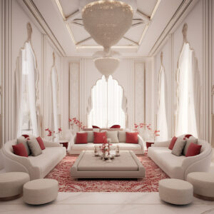 A testament to impeccable taste, an Arabic majlis interior design embraces a pristine white color scheme enhanced by luxurio