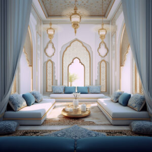 A tradition and contemporary design, an Arabic majlis interior design in white tones is elevated by the allure of blue pillows and decor, epitomizing refined elegance.