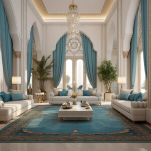 An elegant fusion of modern and traditional elements, an Arabic majlis interior design in white hues accentuated by beautiful blue pillows and decor creates a captivating ambiance