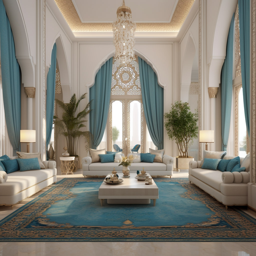 An Elegant Fusion Of Modern And Traditional Elements An Arabic Majlis Interior Design In White Hues Accentuated By Beautiful Blue Pillows And Decor Creates A Captivating Ambiance 