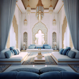 An exquisite masterpiece, an Arabic majlis interior design in white tones with accents of blue pillows and decor immerses you in a world of refined opulence and cultural richness.