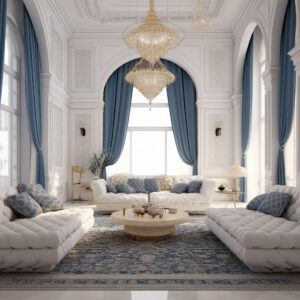 An oasis of serenity and style, an Arabic majlis interior design combines a pristine white backdrop with captivating blue pillows and decor, creating an inviting and chic atmosphere.