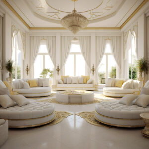 Arabic majlis interior design envelops you in a world of refinement with its serene white palette adorned with captivating blue pillows and decor