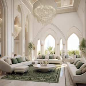 Arabic majlis interior design showcases an exquisite blend of white tones and striking blue pillows and decor, creating a space that exudes luxury and cultural heritage