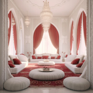 Large majlis interior design with white and red