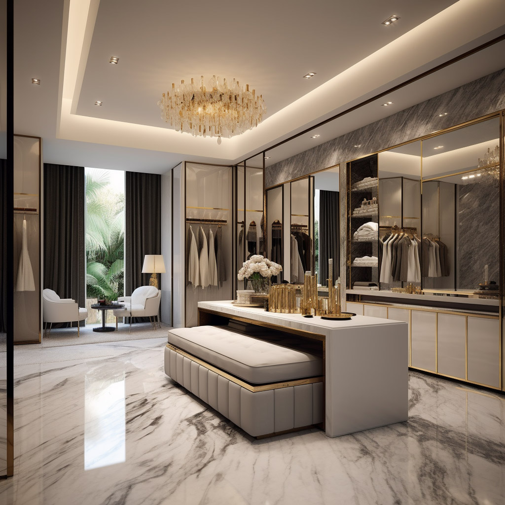 The dressing room, showcasing an exquisite space with a stunning island cabinet, offering ample storage and a luxurious atmosphere for getting ready in style