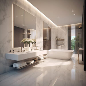The white marble bathroom with a free standing bathtub