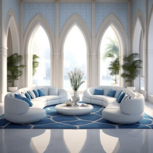 Woman majlis with 2 long sofas in blue and white colors