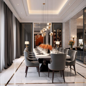 the dining room with a sleek dining table surrounded by plush chairs, setting the stage for sophisticated gatherings and memorable dining experiences