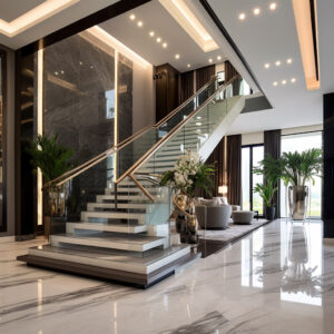 the entrance hall in a luxury modern villa in Dubai, featuring a grand staircase with white marble flooring, and exquisite lighting that highlights the architectural beauty of the space