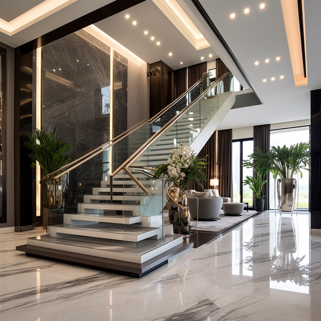 The Entrance Hall In A Luxury Modern Villa In Dubai Featuring A Grand Staircase With White Marble Flooring And Exquisite Lighting That Highlights The Architectural Beauty Of The Space 