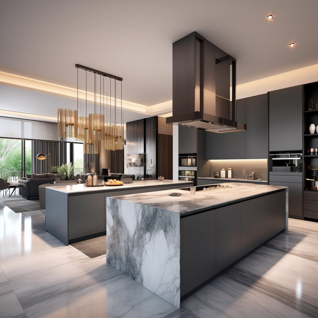 the kitchen in a luxury modern villa in Dubai, featuring a stunning combination of rich gray hues with accents, white marble countertops, and state-of-the-art appliances, creating a stylish and functional space for culinary delights.