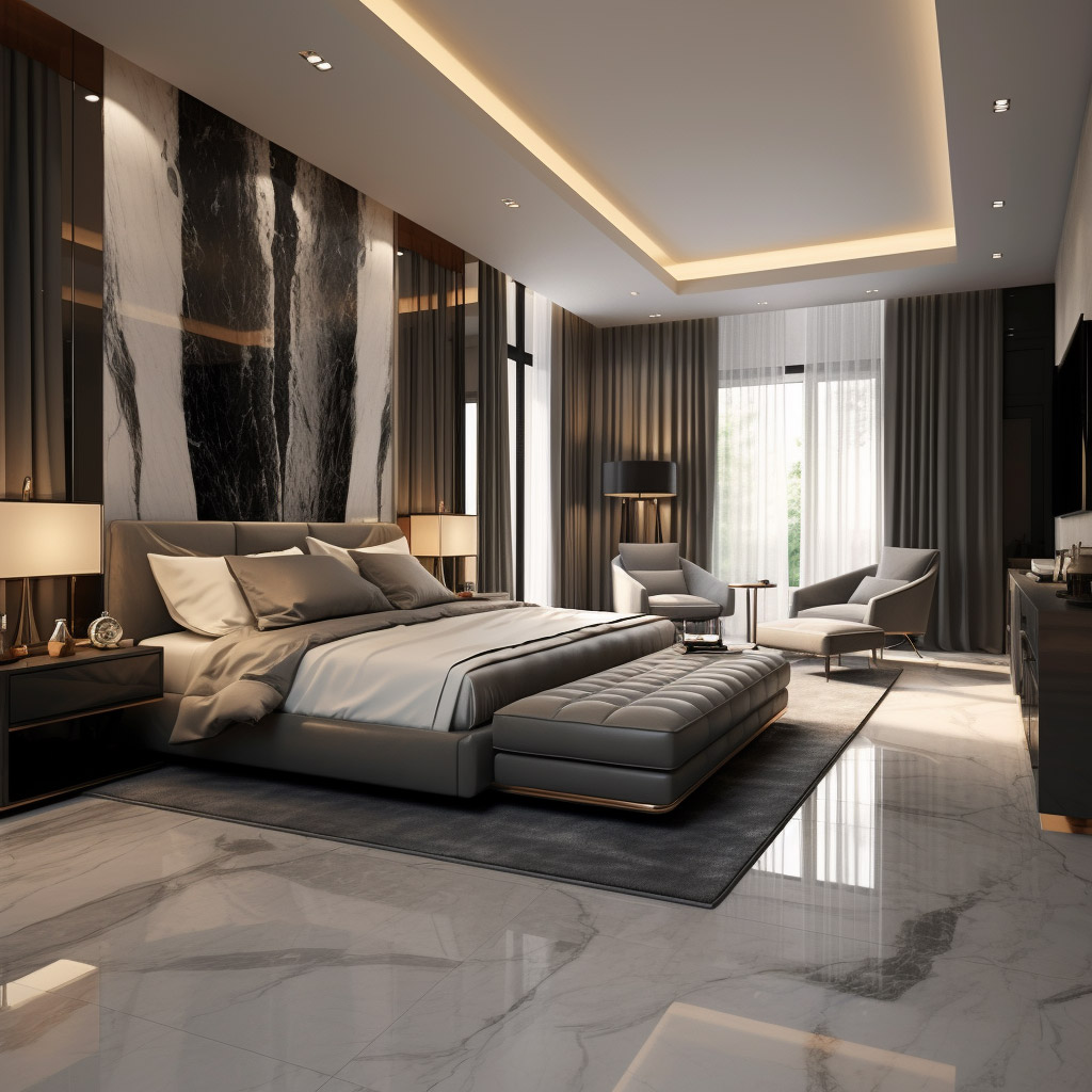 the master bedroom, featuring a serene and sophisticated space adorned in gray shades and luxurious furnishings that embody comfort and luxury, offering a peaceful sanctuary for relaxation
