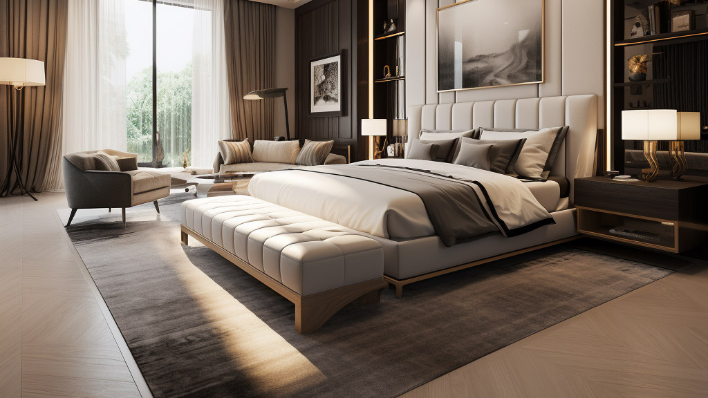 Large house bedroom design with a king-size bed and a headboard