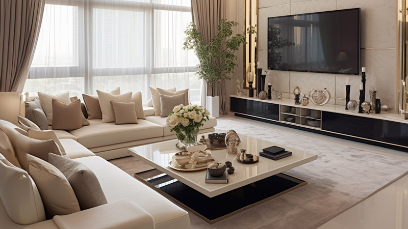 Luxury apartment living room with a L-shaped sofa and a nice TV console