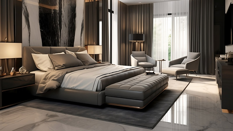 Luxury master bedroom in gray colors