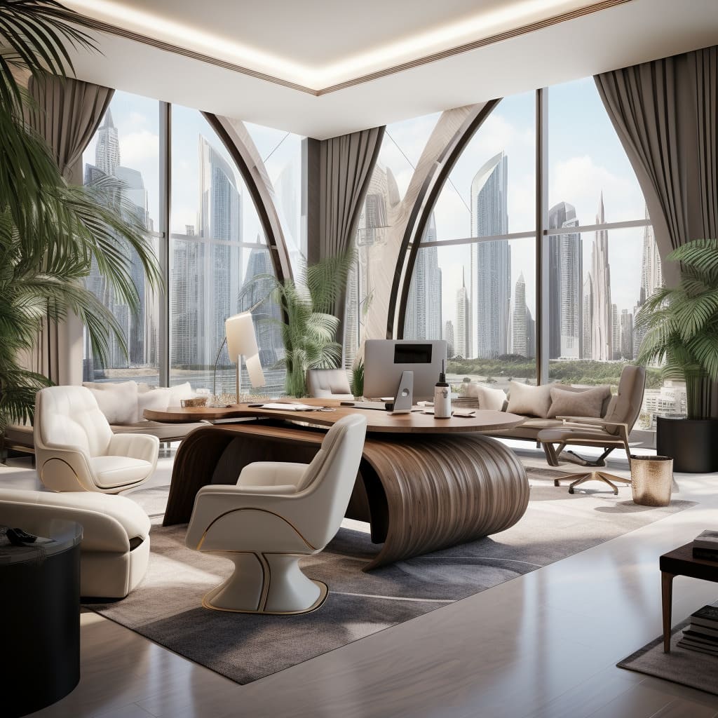 Dubai's skyline views from a CEO office are complemented by its luxurious design.