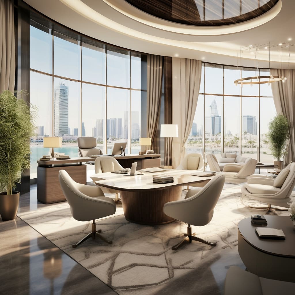 Elegance and functionality merge seamlessly in a Dubai CEO office adorned with luxury design elements.