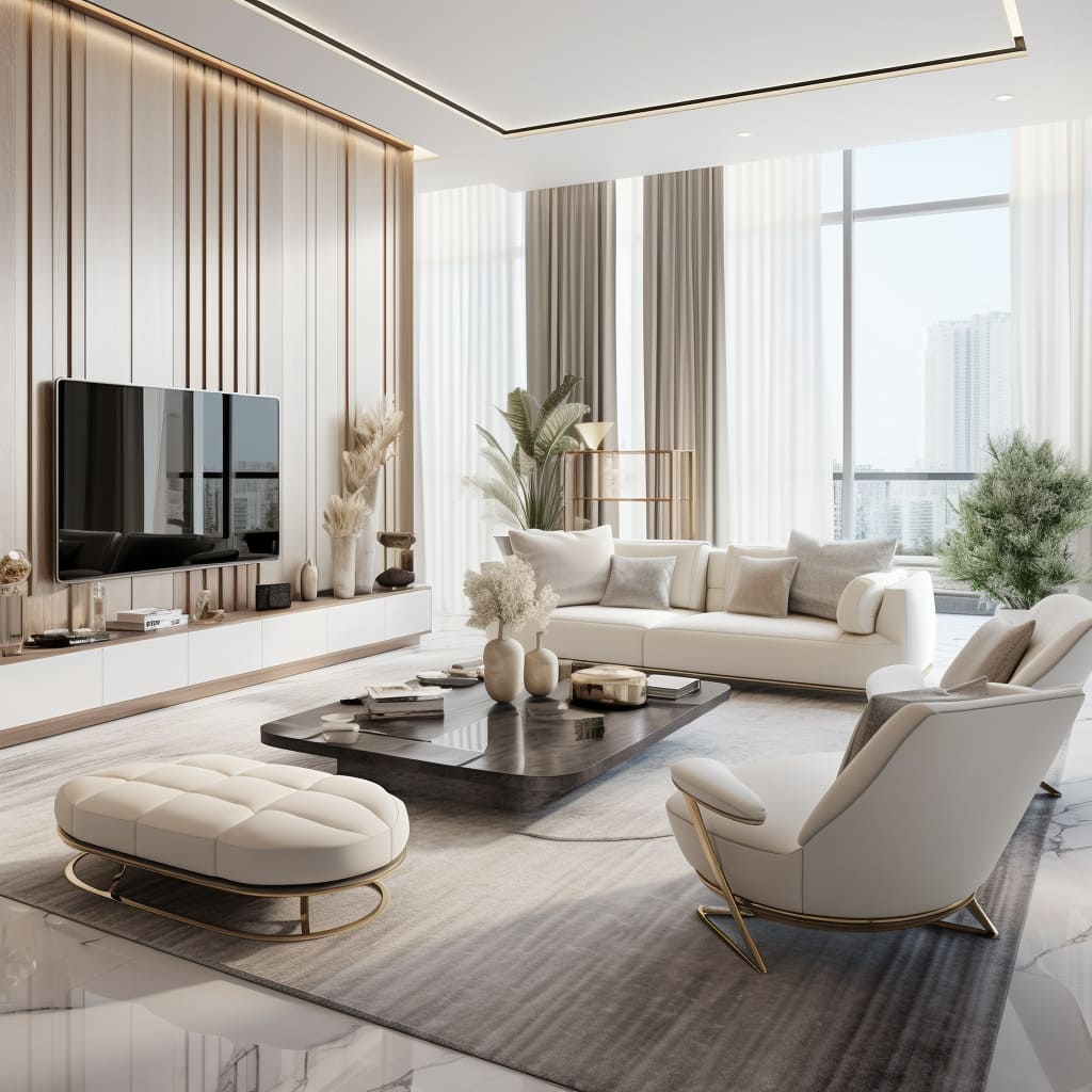 The living room's minimalist design is complemented by the warm glow of ambient lighting, enhancing the luxury feel.
