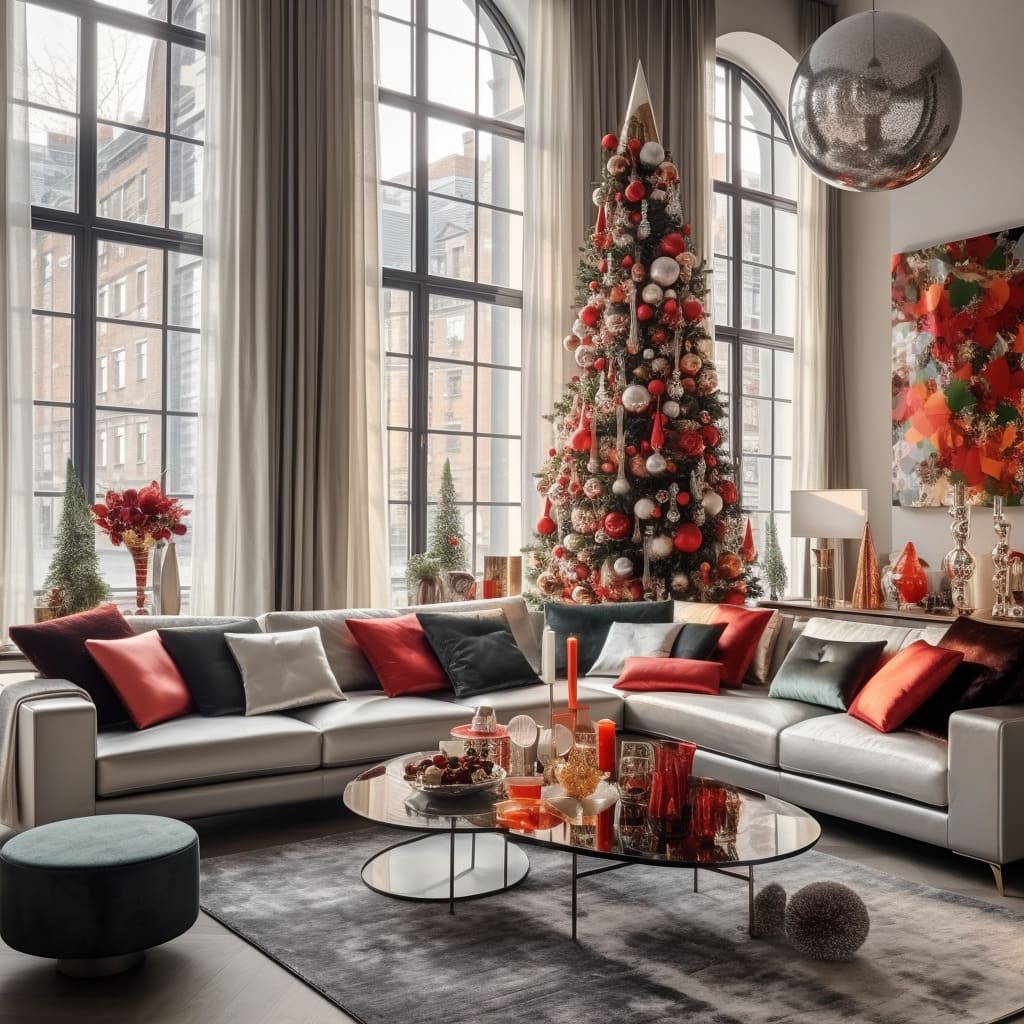 A Christmas-themed throw blanket adds a cozy, festive touch to the living room sofa.