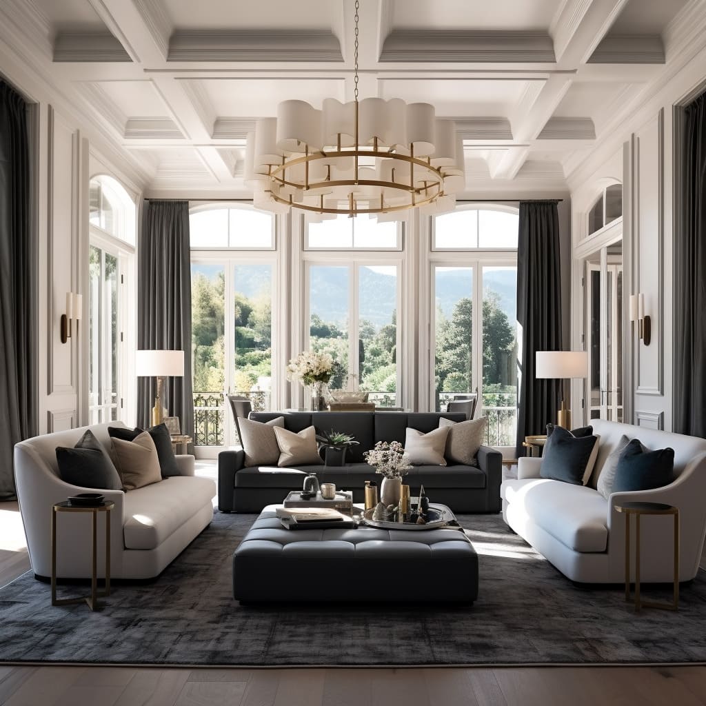 A Transitional American living room blends contemporary and classic elements seamlessly.