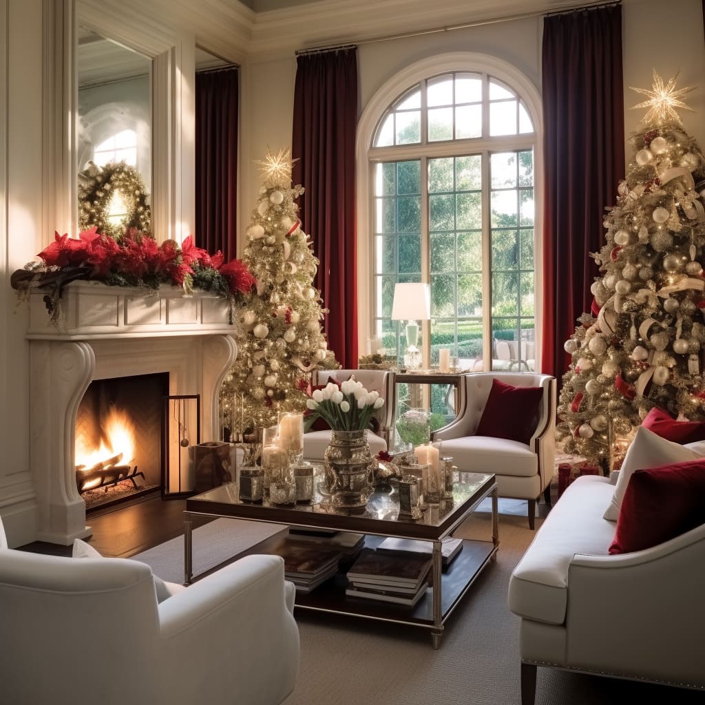 A beautifully decorated Christmas tree stands as the centerpiece in this festive living room.