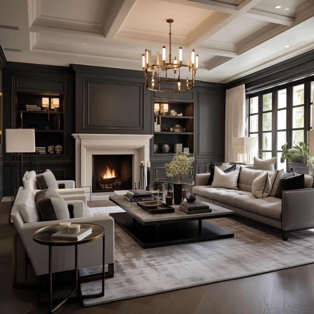 A blend of classic and contemporary styles defines this American living room.