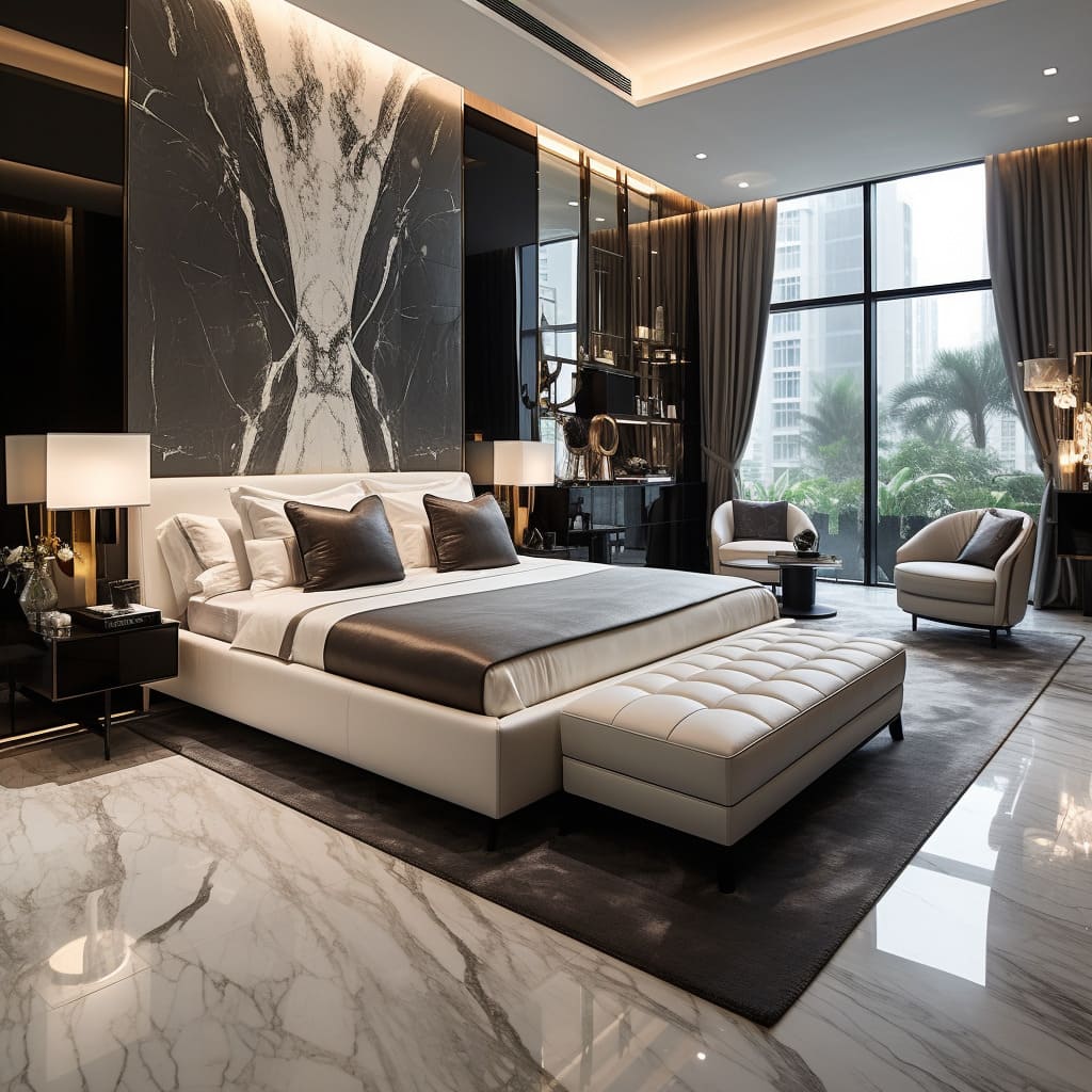 A bold marble headboard serves as the focal point in this contemporary bedroom.
