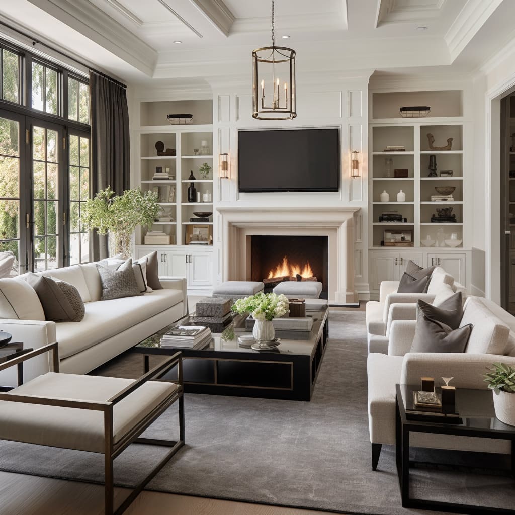 A bold modern classic sofa becomes the centerpiece in this transitional living room, setting a tone of understated luxury.