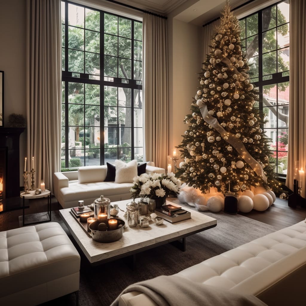 A chic, modern Christmas theme in the living room reflects the contemporary style of the home.