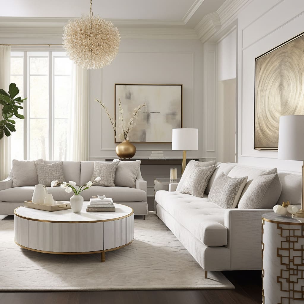 A classic, tufted white sofa stands out in the living room, marrying modern interior design with timeless elegance.