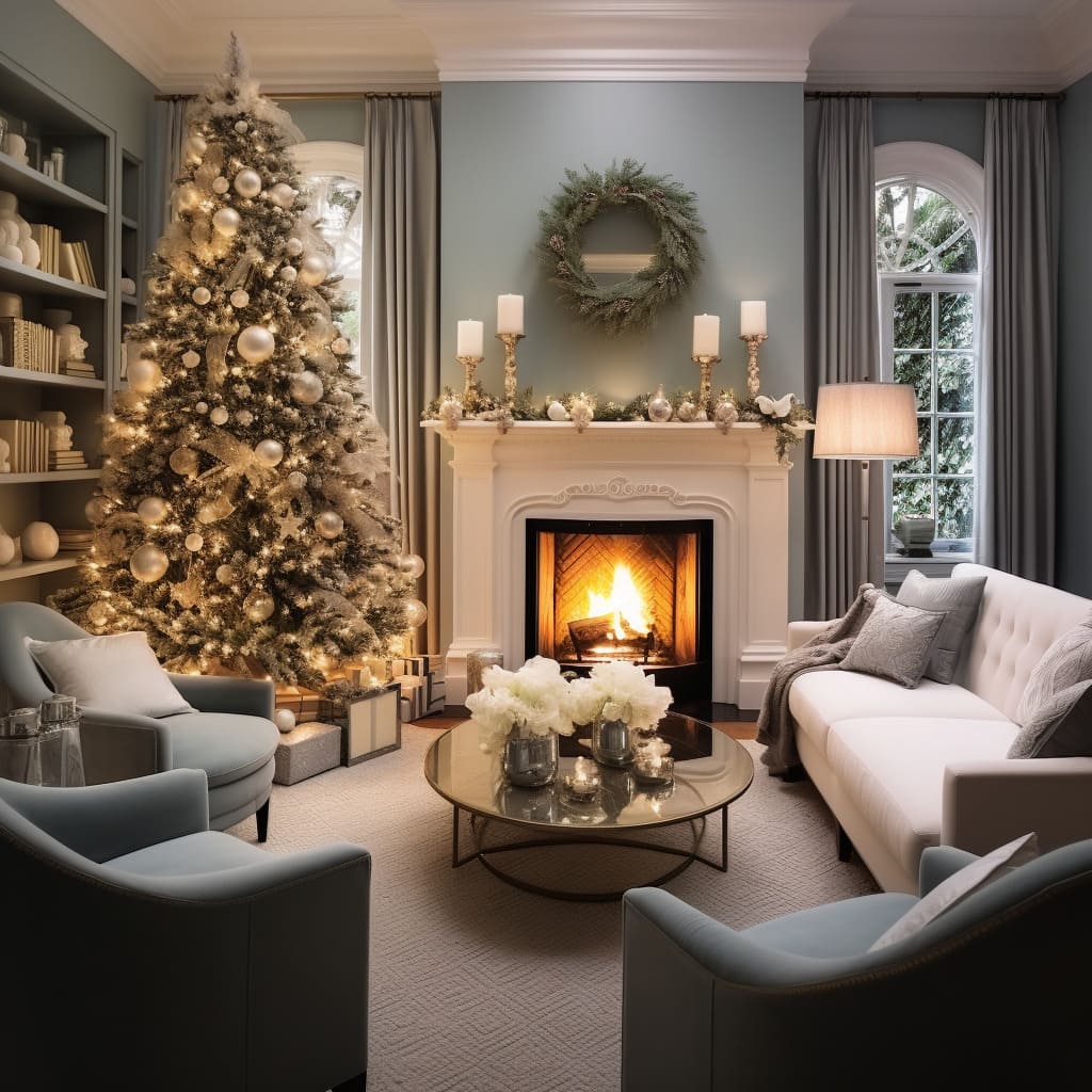 A classy living room is adorned with elegant Christmas decor, setting the tone for the holidays.