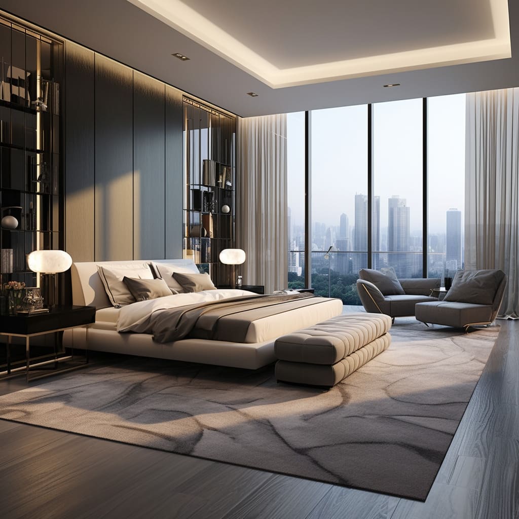 A contemporary bedroom design pairs a minimalist aesthetic with luxurious textures.