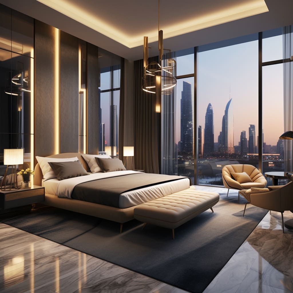 A contemporary bedroom features smart home technology seamlessly blended into its luxury design.