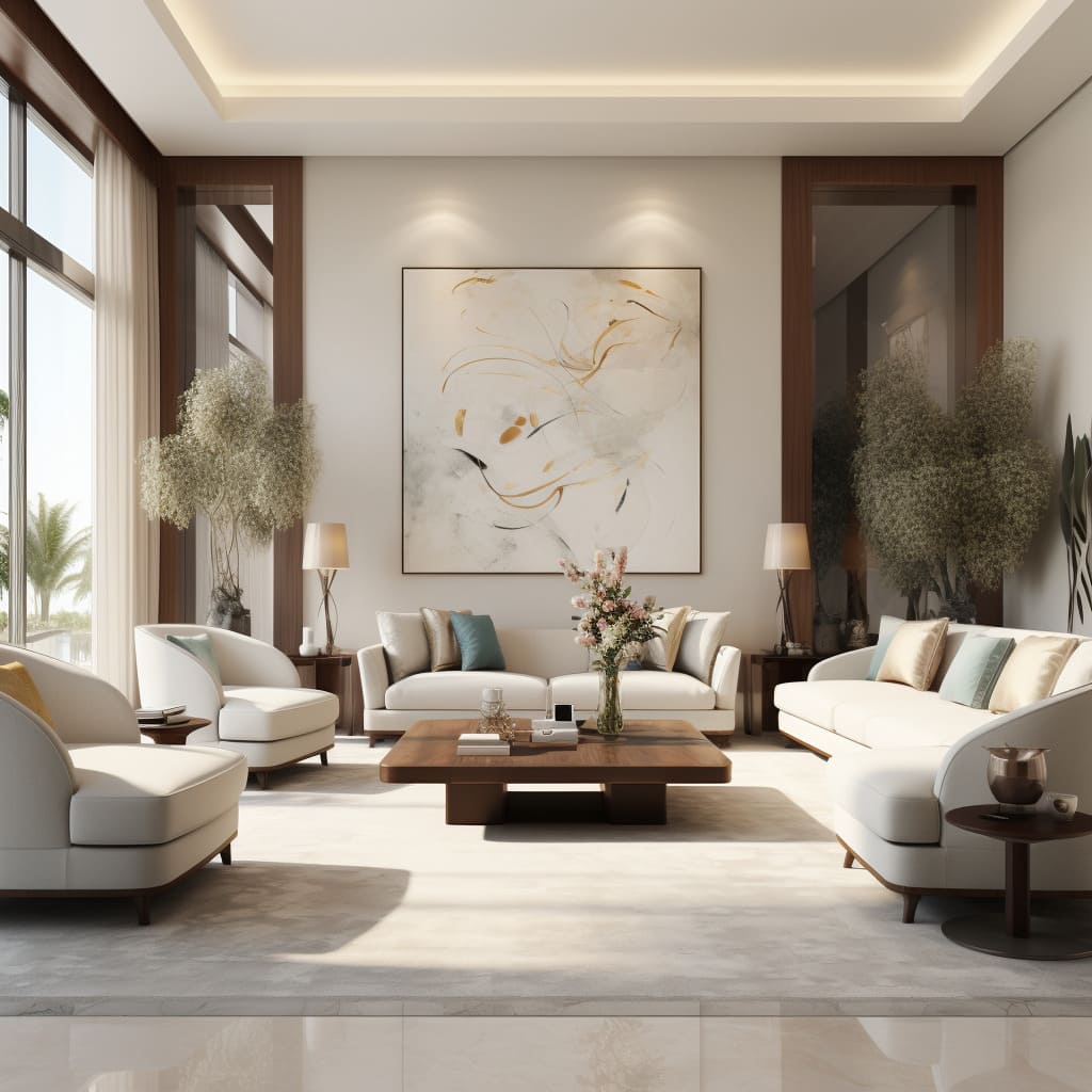A contemporary house with a minimalist living room, featuring a chic, soft-colored sofa.