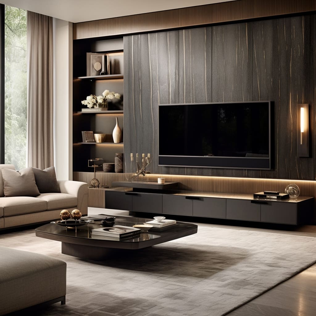 A contemporary living room design showcases a wall-mounted TV as a chic art piece.
