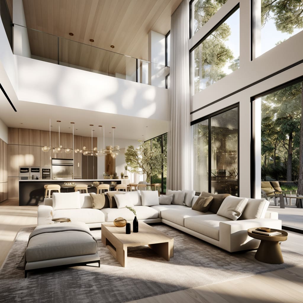 A contemporary living room that effortlessly blends modern design with natural beauty through large windows.