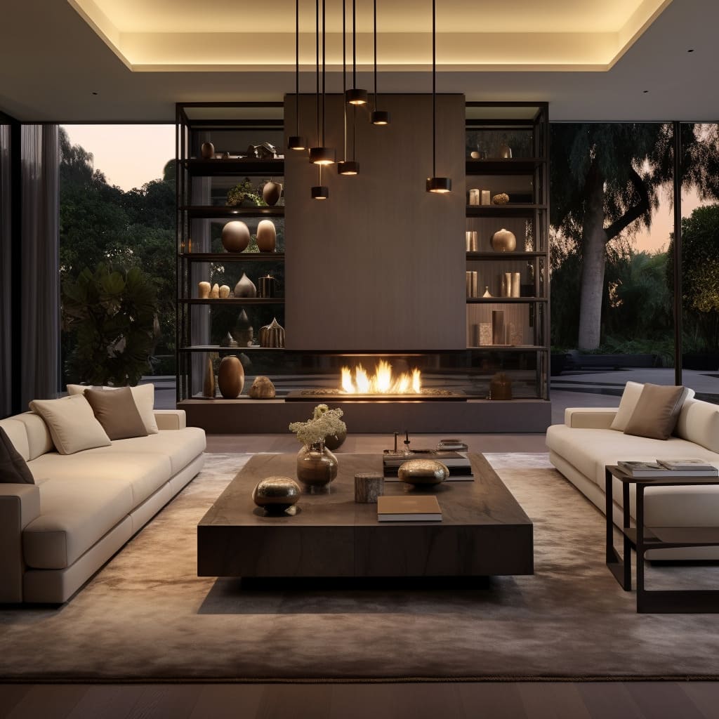 A contemporary living room with a modular sofa, abstract art, and a blend of textures and materials.
