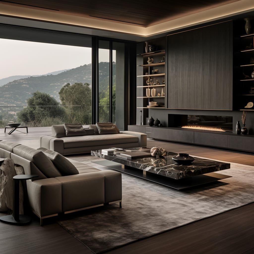A contemporary living room with a sleek leather sofa, a modern art collection, and ambient lighting.