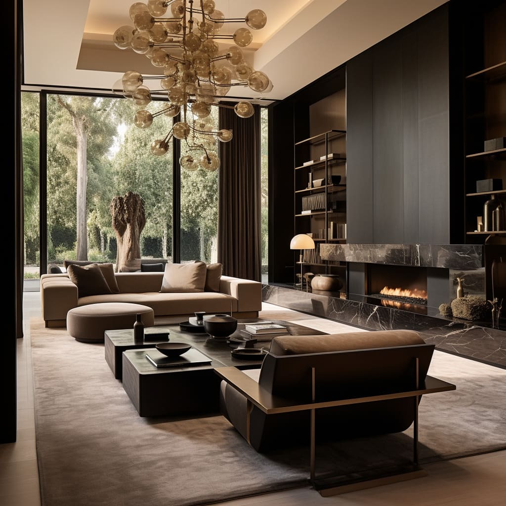 A contemporary living room with an elegant sofa, a stylish rug, and a unique ceiling design.