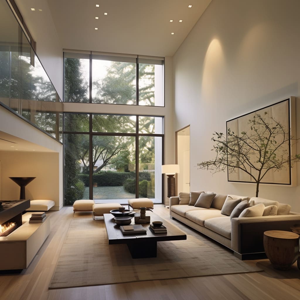 A contemporary living room with expansive white walls and modular sofas, creating a serene and modern space