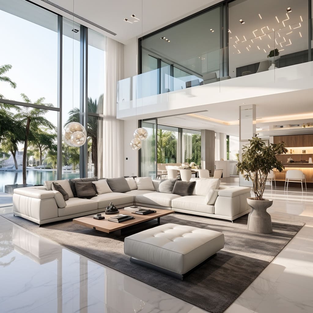 A contemporary living room with white walls and plush furniture creates a welcoming atmosphere.