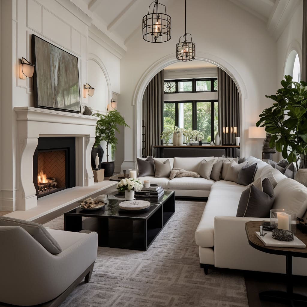 A contemporary take on a traditional living room, featuring white walls and cozy, stylish seating.