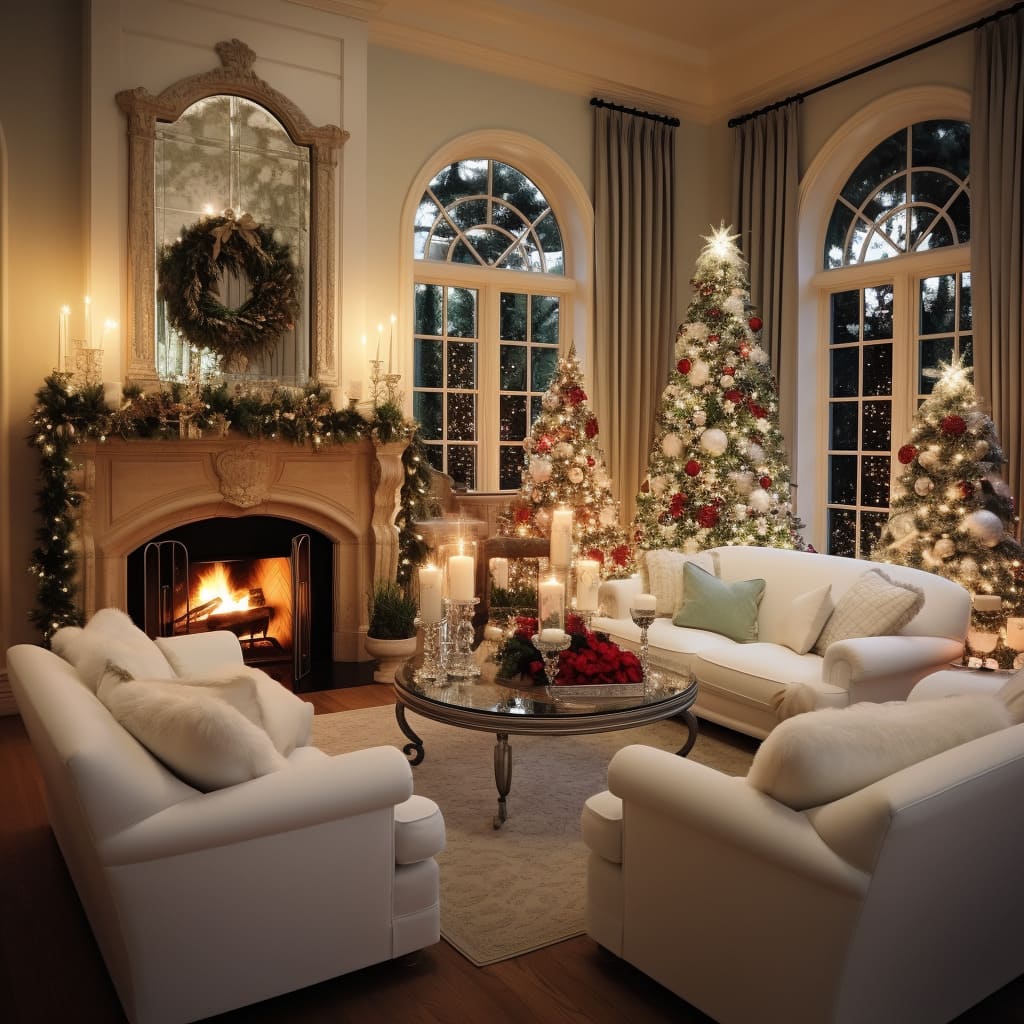 A cozy LA vibe is evident in this living room, with understated Christmas decorations and a relaxed atmosphere.