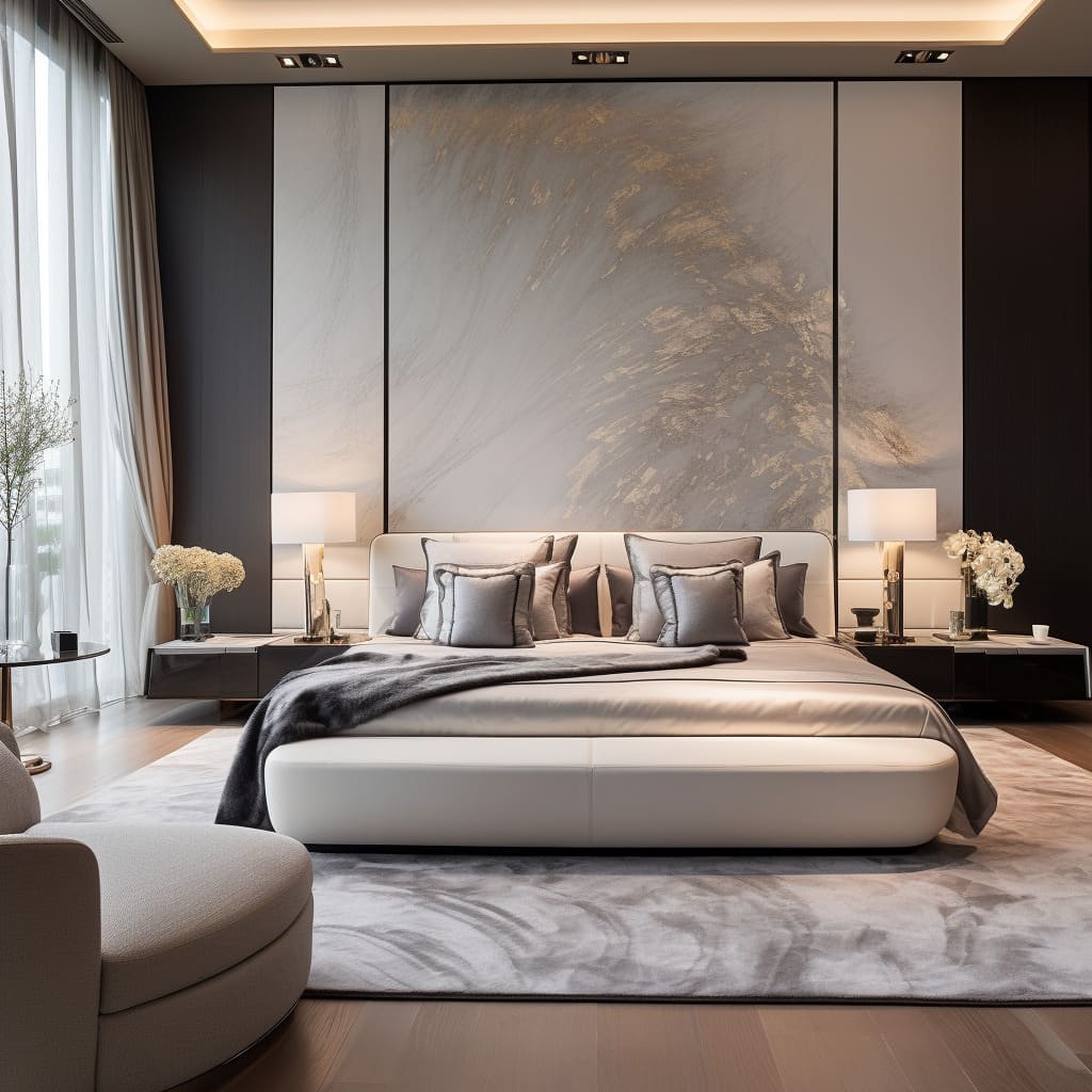A custom headboard adds a personal touch to the bedroom's modern decor.